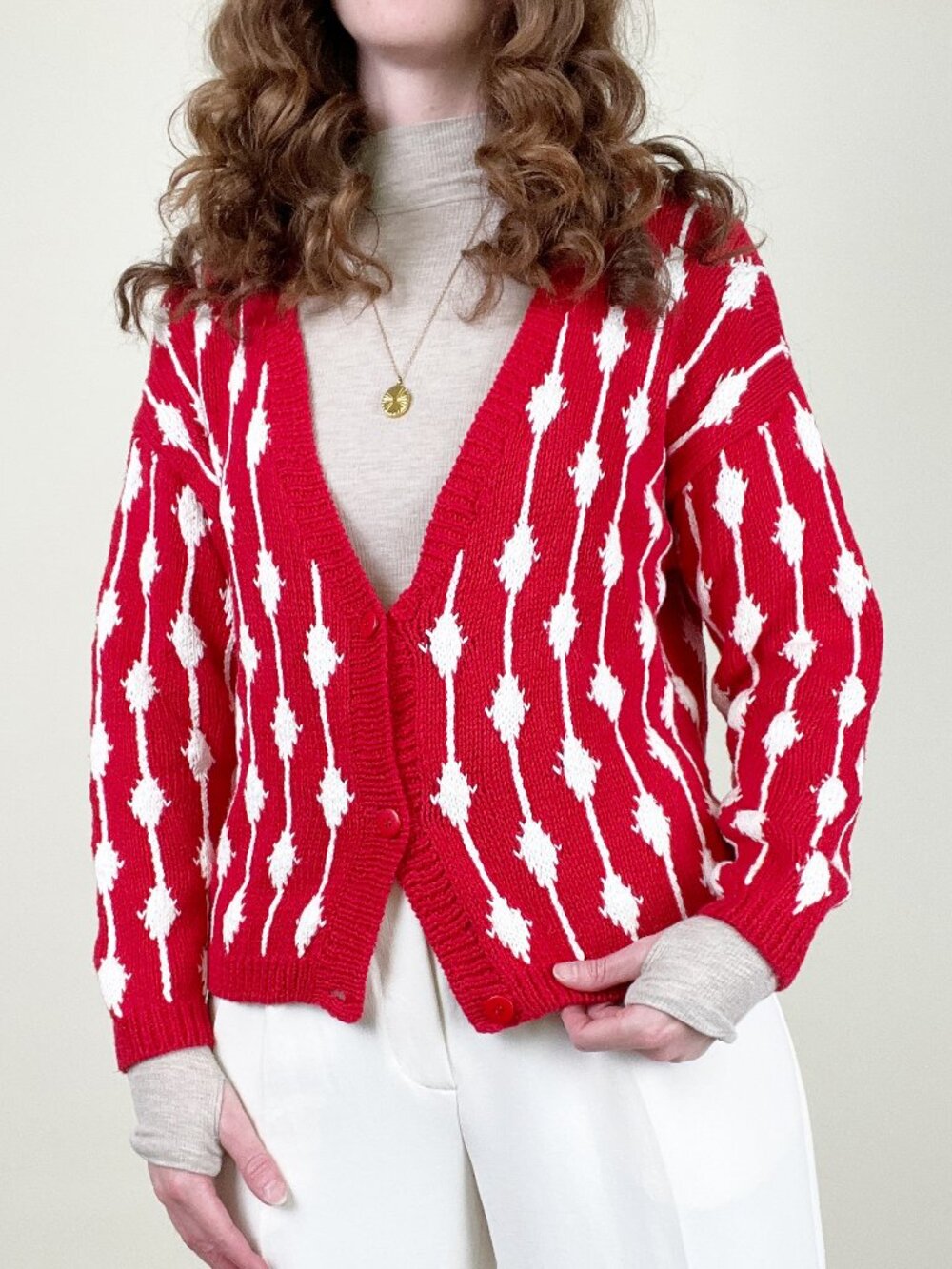 Vintage Patterned Knit Cardigan Sweater Oversized Relaxed Fit Scandinavian 90s